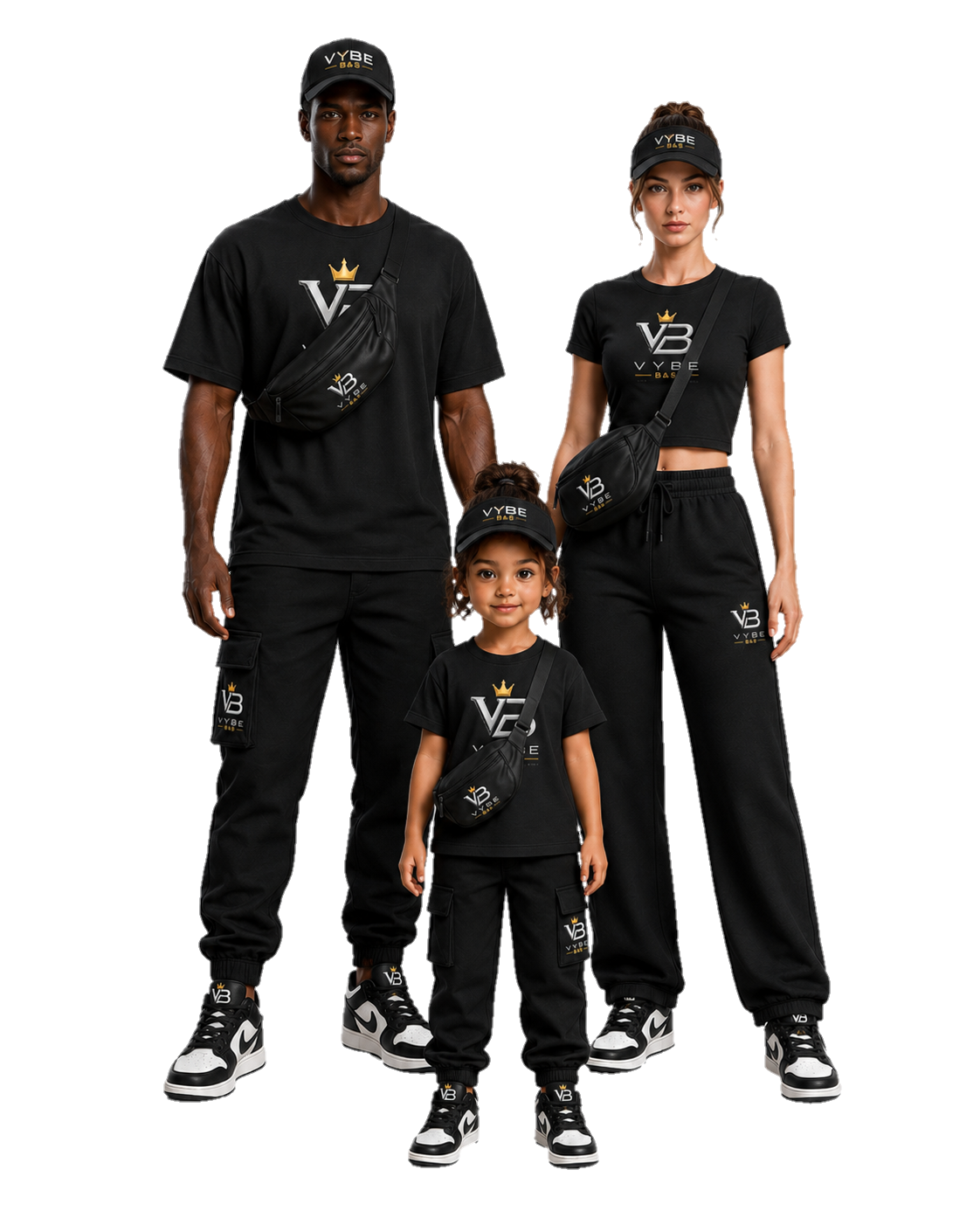 Família usando boné, camiseta, bag e tênis Vybe B&S